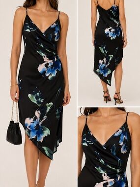 Le Château Black Floral Asymmetrical Slip Dress NWT XS Elegant Cocktail Midi Y2K